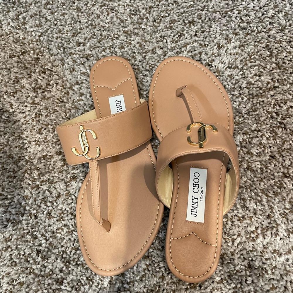Tan beige and gold Jimmy Choo thong sandal, T strap.